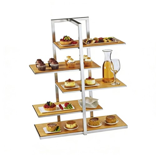 5-Tier Asymmetrical Cake Stand | Stainless Steel & Wood Dessert Serving Rack