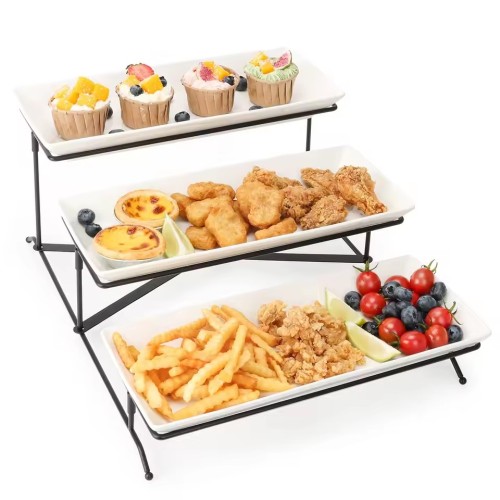3-Tier Modern Food Display Stand | Ceramic Platter & Metal Frame for Buffet & Party