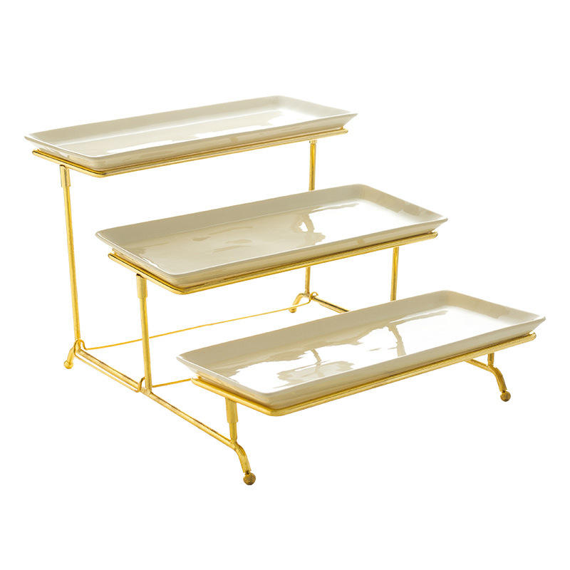 3-Tier Gold Rim Ceramic Cake Stand | Tiered Serving Tray for Afternoon Tea 主图