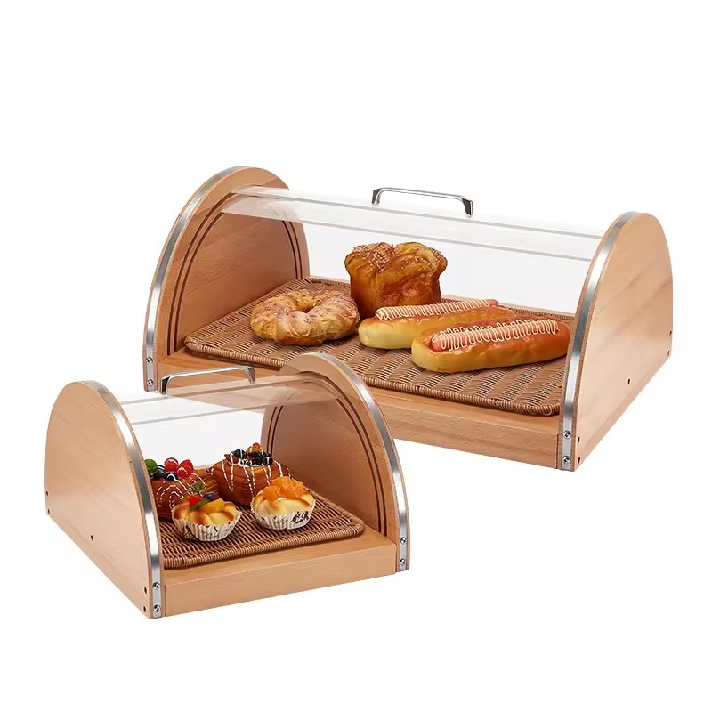 Wooden Bread Display Case | Acrylic Lid Dust-Proof Dessert Tray 主图