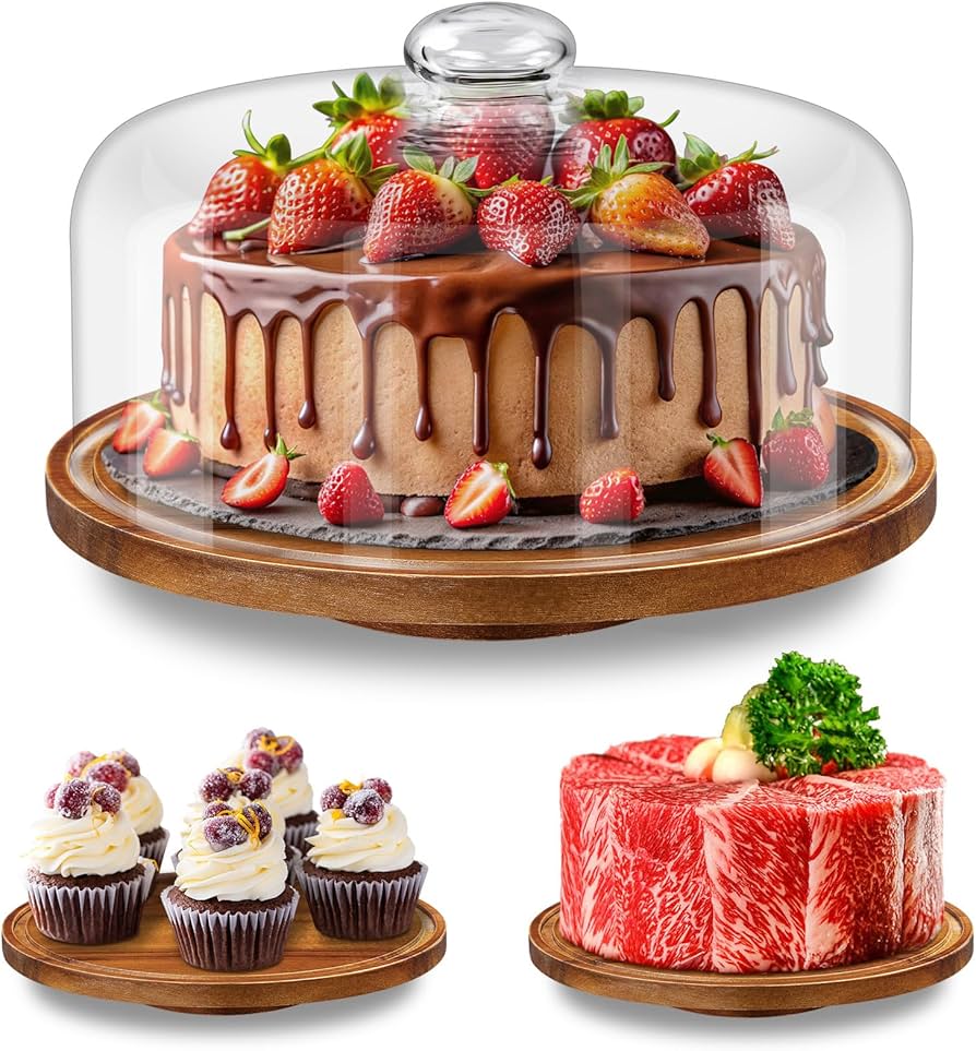 Amazon.com | Yangbaga 11IN Wood Cake Stand with Dome Lid, Rotating Cake Stand with Glass Dome- Cake Plate with Cover for Baking Gifts/Birthday Kitchen/Party/Weddings: Cake Stands